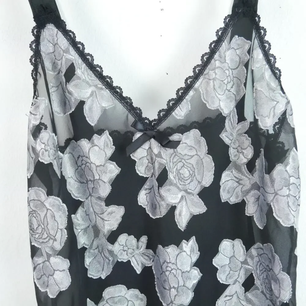 Vintage Medium Slip Top Sheer Floral Ruffle Dainty Coquette Black 90s Grunge - Picture 2 of 6